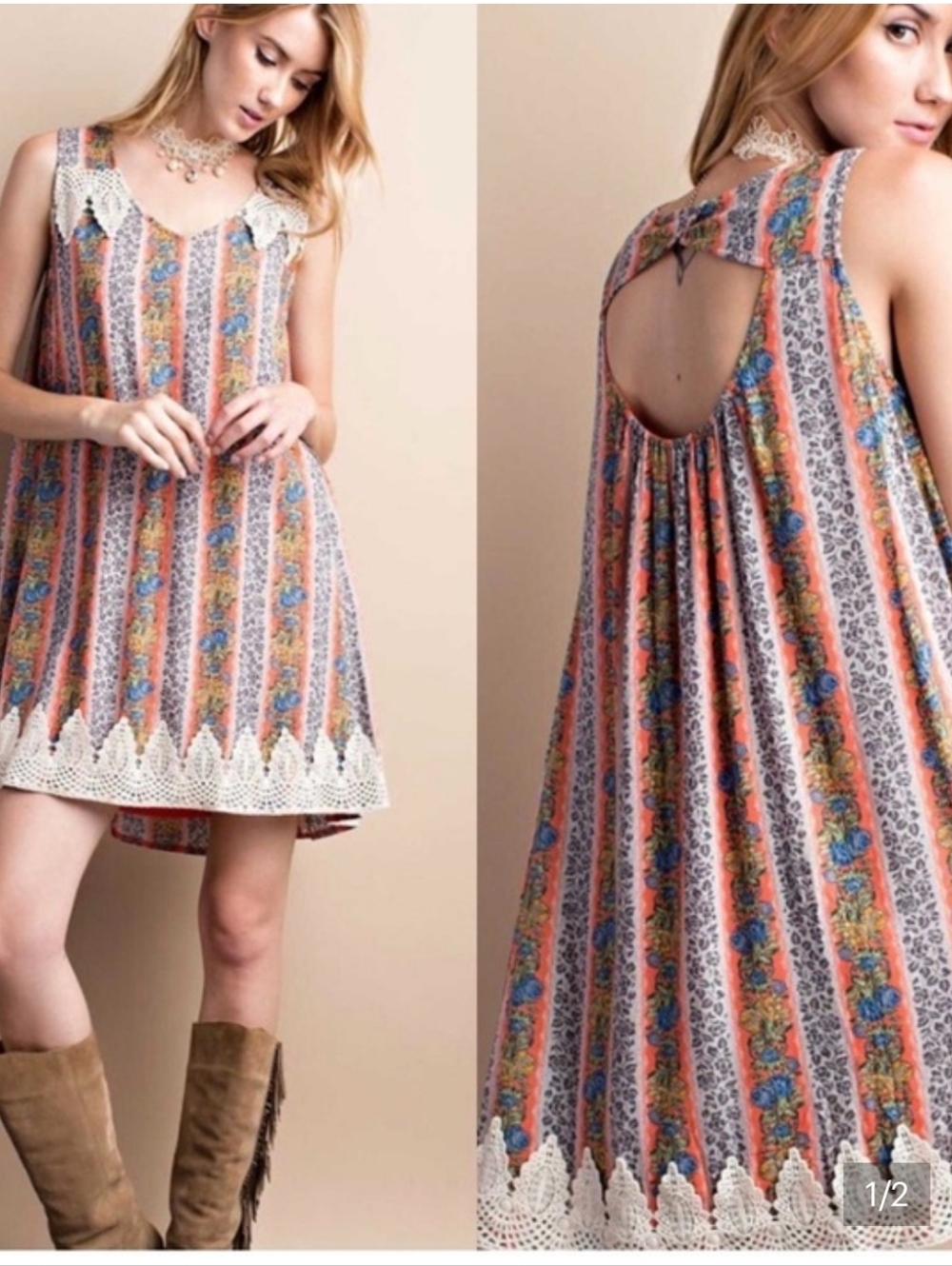 easel Coral Multi Floral Stripe Mini Dress with Crochet Hem